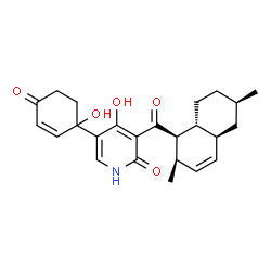 ChemSpider 2D Image | 3-{[(1R,2R,4aS,6R,8aR)-2,6-Dimethyl-1,2,4a,5,6,7,8,8a-octahydro-1-naphthalenyl]carbonyl}-4-hydroxy-5-(1-hydroxy-4-oxo-2-cyclohexen-1-yl)-2(1H)-pyridinone | C24H29NO5