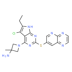 ChemSpider 2D Image | 1-[5-Chloro-6-ethyl-2-(pyrido[2,3-b]pyrazin-7-ylsulfanyl)-1H-pyrrolo[2,3-d]pyrimidin-4-yl]-3-methyl-3-azetidinamine | C19H19ClN8S