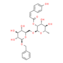 ChemSpider 2D Image | Benzyl 6-O-{6-deoxy-2-O-[(2Z)-3-(4-hydroxyphenyl)-2-propenoyl]-alpha-L-mannopyranosyl}-beta-D-glucopyranoside | C28H34O12