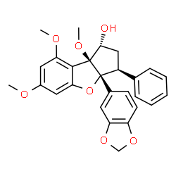 ChemSpider 2D Image | (1R,3S,3aR,8bS)-3a-(1,3-Benzodioxol-5-yl)-6,8,8b-trimethoxy-3-phenyl-2,3,3a,8b-tetrahydro-1H-benzo[b]cyclopenta[d]furan-1-ol | C27H26O7