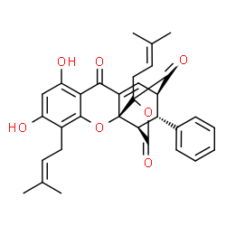 ChemSpider 2D Image | (1R,2S,13R,15R,18S)-6,8-Dihydroxy-5,15-bis(3-methyl-2-buten-1-yl)-18-phenyl-3,16-dioxapentacyclo[11.4.1.0~2,11~.0~2,15~.0~4,9~]octadeca-4,6,8,11-tetraene-10,14,17-trione | C32H30O7