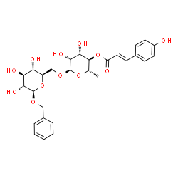 ChemSpider 2D Image | Benzyl 6-O-{6-deoxy-4-O-[(2E)-3-(4-hydroxyphenyl)-2-propenoyl]-alpha-L-mannopyranosyl}-beta-D-glucopyranoside | C28H34O12