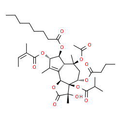 ChemSpider 2D Image | (3S,3aR,4S,6S,6aR,7S,8S,9bS)-6-Acetoxy-4-(butyryloxy)-3-hydroxy-3a-(isobutyryloxy)-3,6,9-trimethyl-8-{[(2Z)-2-methyl-2-butenoyl]oxy}-2-oxo-2,3,3a,4,5,6,6a,7,8,9b-decahydroazuleno[4,5-b]furan-7-yl octa
noate | C38H56O13