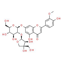 ChemSpider 2D Image | 5-Hydroxy-2-(4-hydroxy-3-methoxyphenyl)-4-oxo-4H-chromen-7-yl 2-O-[(2S,3S,4R)-3,4-dihydroxy-4-(hydroxymethyl)tetrahydro-2-furanyl]-beta-D-glucopyranoside | C27H30O15