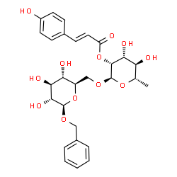 ChemSpider 2D Image | Benzyl 6-O-{6-deoxy-2-O-[(2E)-3-(4-hydroxyphenyl)-2-propenoyl]-alpha-L-mannopyranosyl}-beta-D-glucopyranoside | C28H34O12