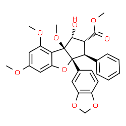 ChemSpider 2D Image | Methyl (1R,2R,3S,3aR,8bS)-3a-(1,3-benzodioxol-5-yl)-1-hydroxy-6,8,8b-trimethoxy-3-phenyl-2,3,3a,8b-tetrahydro-1H-benzo[b]cyclopenta[d]furan-2-carboxylate | C29H28O9