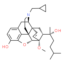 ChemSpider 2D Image | (5alpha,6beta,14beta,18R)-17-(Cyclopropylmethyl)-18-[(2R)-2-hydroxy-5-methyl-2-hexanyl]-6-methoxy-7,8-didehydro-18,19-dihydro-4,5-epoxy-6,14-ethenomorphinan-3-ol | C30H41NO4