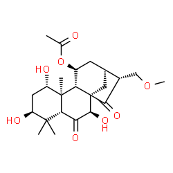 ChemSpider 2D Image | (1alpha,3beta,5beta,7beta,8alpha,9beta,10alpha,11beta)-1,3,7-Trihydroxy-17-methoxy-6,15-dioxokauran-11-yl acetate | C23H34O8