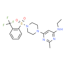 ChemSpider 2D Image | N-Ethyl-2-methyl-6-(4-{[2-(trifluoromethyl)phenyl]sulfonyl}-1-piperazinyl)-4-pyrimidinamine | C18H22F3N5O2S