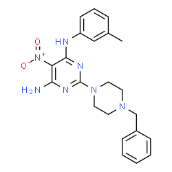 ChemSpider 2D Image | 2-(4-Benzyl-1-piperazinyl)-N-(3-methylphenyl)-5-nitro-4,6-pyrimidinediamine | C22H25N7O2