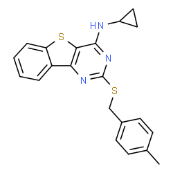 ChemSpider 2D Image | N-Cyclopropyl-2-[(4-methylbenzyl)sulfanyl][1]benzothieno[3,2-d]pyrimidin-4-amine | C21H19N3S2