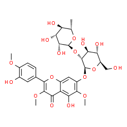 ChemSpider 2D Image | 5-Hydroxy-2-(3-hydroxy-4-methoxyphenyl)-3,6-dimethoxy-4-oxo-4H-chromen-7-yl 2-O-(6-deoxy-alpha-L-mannopyranosyl)-beta-D-glucopyranoside | C30H36O17