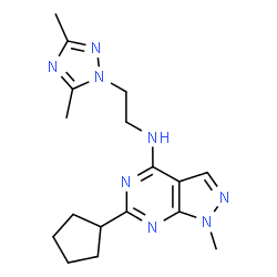 ChemSpider 2D Image | 6-Cyclopentyl-N-[2-(3,5-dimethyl-1H-1,2,4-triazol-1-yl)ethyl]-1-methyl-1H-pyrazolo[3,4-d]pyrimidin-4-amine | C17H24N8