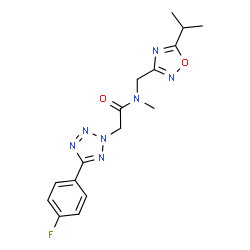 ChemSpider 2D Image | 2-[5-(4-Fluorophenyl)-2H-tetrazol-2-yl]-N-[(5-isopropyl-1,2,4-oxadiazol-3-yl)methyl]-N-methylacetamide | C16H18FN7O2