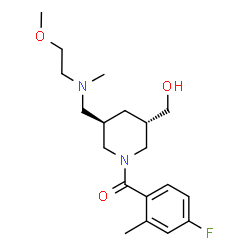 ChemSpider 2D Image | (4-Fluoro-2-methylphenyl)[(3S,5R)-3-(hydroxymethyl)-5-{[(2-methoxyethyl)(methyl)amino]methyl}-1-piperidinyl]methanone | C19H29FN2O3