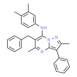 ChemSpider 2D Image | 6-Benzyl-N-(3,4-dimethylphenyl)-2,5-dimethyl-3-phenylpyrazolo[1,5-a]pyrimidin-7-amine | C29H28N4