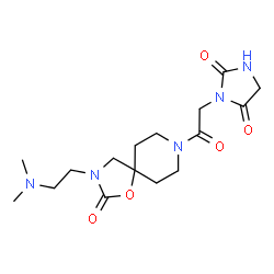 ChemSpider 2D Image | 3-(2-{3-[2-(Dimethylamino)ethyl]-2-oxo-1-oxa-3,8-diazaspiro[4.5]dec-8-yl}-2-oxoethyl)-2,4-imidazolidinedione | C16H25N5O5