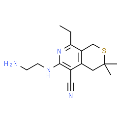 ChemSpider 2D Image | 6-[(2-Aminoethyl)amino]-8-ethyl-3,3-dimethyl-3,4-dihydro-1H-thiopyrano[3,4-c]pyridine-5-carbonitrile | C15H22N4S