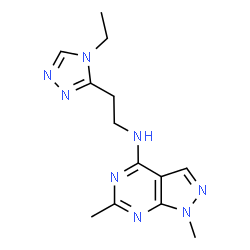 ChemSpider 2D Image | N-[2-(4-Ethyl-4H-1,2,4-triazol-3-yl)ethyl]-1,6-dimethyl-1H-pyrazolo[3,4-d]pyrimidin-4-amine | C13H18N8