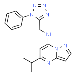 ChemSpider 2D Image | 5-Isopropyl-N-[(1-phenyl-1H-tetrazol-5-yl)methyl]pyrazolo[1,5-a]pyrimidin-7-amine | C17H18N8