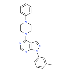 ChemSpider 2D Image | 1-(3-Methylphenyl)-4-(4-phenyl-1-piperazinyl)-1H-pyrazolo[3,4-d]pyrimidine | C22H22N6