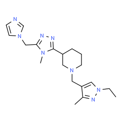 ChemSpider 2D Image | 1-[(1-Ethyl-3-methyl-1H-pyrazol-4-yl)methyl]-3-[5-(1H-imidazol-1-ylmethyl)-4-methyl-4H-1,2,4-triazol-3-yl]piperidine | C19H28N8