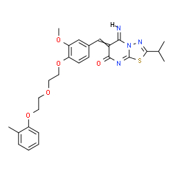ChemSpider 2D Image | (5E)-5-Imino-2-isopropyl-6-(3-methoxy-4-{2-[2-(2-methylphenoxy)ethoxy]ethoxy}benzylidene)-5,6-dihydro-7H-[1,3,4]thiadiazolo[3,2-a]pyrimidin-7-one | C27H30N4O5S