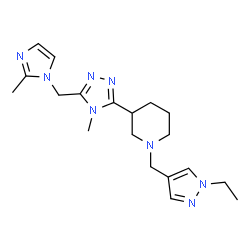 ChemSpider 2D Image | 1-[(1-Ethyl-1H-pyrazol-4-yl)methyl]-3-{4-methyl-5-[(2-methyl-1H-imidazol-1-yl)methyl]-4H-1,2,4-triazol-3-yl}piperidine | C19H28N8