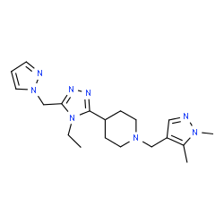 ChemSpider 2D Image | 1-[(1,5-Dimethyl-1H-pyrazol-4-yl)methyl]-4-[4-ethyl-5-(1H-pyrazol-1-ylmethyl)-4H-1,2,4-triazol-3-yl]piperidine | C19H28N8