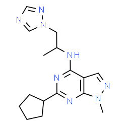 ChemSpider 2D Image | 6-Cyclopentyl-1-methyl-N-[1-(1H-1,2,4-triazol-1-yl)-2-propanyl]-1H-pyrazolo[3,4-d]pyrimidin-4-amine | C16H22N8