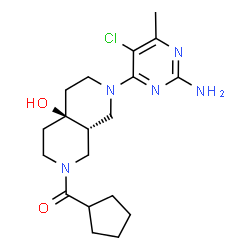 ChemSpider 2D Image | [(4aR,8aR)-7-(2-Amino-5-chloro-6-methyl-4-pyrimidinyl)-4a-hydroxyoctahydro-2,7-naphthyridin-2(1H)-yl](cyclopentyl)methanone | C19H28ClN5O2
