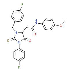ChemSpider 2D Image | 2-[3-(4-Fluorobenzyl)-1-(4-fluorophenyl)-5-oxo-2-thioxo-4-imidazolidinyl]-N-(4-methoxyphenyl)acetamide | C25H21F2N3O3S