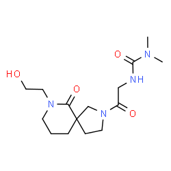 ChemSpider 2D Image | 3-{2-[7-(2-Hydroxyethyl)-6-oxo-2,7-diazaspiro[4.5]dec-2-yl]-2-oxoethyl}-1,1-dimethylurea | C15H26N4O4