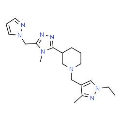 ChemSpider 2D Image | 1-[(1-Ethyl-3-methyl-1H-pyrazol-4-yl)methyl]-3-[4-methyl-5-(1H-pyrazol-1-ylmethyl)-4H-1,2,4-triazol-3-yl]piperidine | C19H28N8
