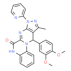 ChemSpider 2D Image | 11-(3,4-Dimethoxyphenyl)-10-methyl-8-(2-pyridinyl)-8,11-dihydropyrazolo[3',4':4,5]pyrimido[1,2-a]quinoxalin-6(5H)-one | C26H22N6O3