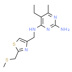 ChemSpider 2D Image | 5-Ethyl-6-methyl-N~4~-({2-[(methylsulfanyl)methyl]-1,3-thiazol-4-yl}methyl)-2,4-pyrimidinediamine | C13H19N5S2