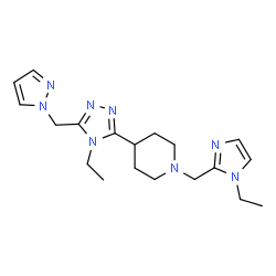 ChemSpider 2D Image | 1-[(1-Ethyl-1H-imidazol-2-yl)methyl]-4-[4-ethyl-5-(1H-pyrazol-1-ylmethyl)-4H-1,2,4-triazol-3-yl]piperidine | C19H28N8