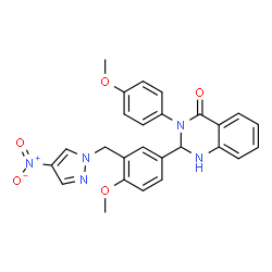 ChemSpider 2D Image | 2-{4-Methoxy-3-[(4-nitro-1H-pyrazol-1-yl)methyl]phenyl}-3-(4-methoxyphenyl)-2,3-dihydro-4(1H)-quinazolinone | C26H23N5O5