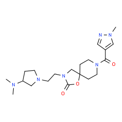 ChemSpider 2D Image | 3-{2-[3-(Dimethylamino)-1-pyrrolidinyl]ethyl}-8-[(1-methyl-1H-pyrazol-4-yl)carbonyl]-1-oxa-3,8-diazaspiro[4.5]decan-2-one | C20H32N6O3