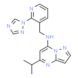 ChemSpider 2D Image | 5-Isopropyl-N-{[2-(1H-1,2,4-triazol-1-yl)-3-pyridinyl]methyl}pyrazolo[1,5-a]pyrimidin-7-amine | C17H18N8