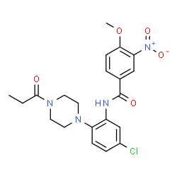 ChemSpider 2D Image | N-[5-Chloro-2-(4-propionyl-1-piperazinyl)phenyl]-4-methoxy-3-nitrobenzamide | C21H23ClN4O5