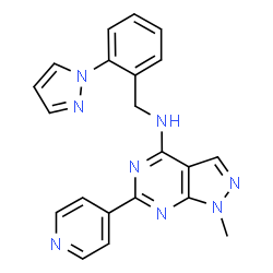 ChemSpider 2D Image | 1-Methyl-N-[2-(1H-pyrazol-1-yl)benzyl]-6-(4-pyridinyl)-1H-pyrazolo[3,4-d]pyrimidin-4-amine | C21H18N8