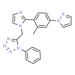 ChemSpider 2D Image | 5-({2-[2-Methyl-4-(1H-pyrazol-1-yl)phenyl]-1H-imidazol-1-yl}methyl)-1-phenyl-1H-tetrazole | C21H18N8