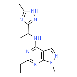 ChemSpider 2D Image | 6-Ethyl-1-methyl-N-[1-(3-methyl-1H-1,2,4-triazol-5-yl)ethyl]-1H-pyrazolo[3,4-d]pyrimidin-4-amine | C13H18N8