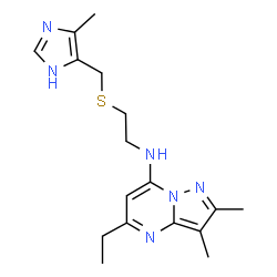 ChemSpider 2D Image | 5-Ethyl-2,3-dimethyl-N-(2-{[(4-methyl-1H-imidazol-5-yl)methyl]sulfanyl}ethyl)pyrazolo[1,5-a]pyrimidin-7-amine | C17H24N6S