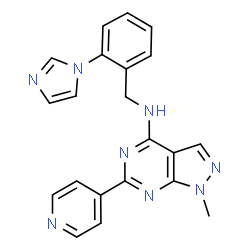 ChemSpider 2D Image | N-[2-(1H-Imidazol-1-yl)benzyl]-1-methyl-6-(4-pyridinyl)-1H-pyrazolo[3,4-d]pyrimidin-4-amine | C21H18N8