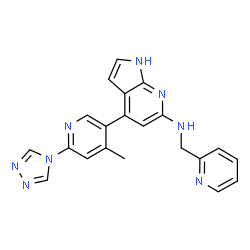 ChemSpider 2D Image | 4-[4-Methyl-6-(4H-1,2,4-triazol-4-yl)-3-pyridinyl]-N-(2-pyridinylmethyl)-1H-pyrrolo[2,3-b]pyridin-6-amine | C21H18N8