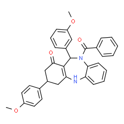 ChemSpider 2D Image | 10-Benzoyl-11-(3-methoxyphenyl)-3-(4-methoxyphenyl)-2,3,4,5,10,11-hexahydro-1H-dibenzo[b,e][1,4]diazepin-1-one | C34H30N2O4