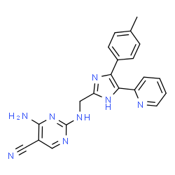 ChemSpider 2D Image | 4-Amino-2-({[4-(4-methylphenyl)-5-(2-pyridinyl)-1H-imidazol-2-yl]methyl}amino)-5-pyrimidinecarbonitrile | C21H18N8