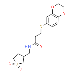 ChemSpider 2D Image | 3-(2,3-Dihydro-1,4-benzodioxin-6-ylsulfanyl)-N-[(1,1-dioxidotetrahydro-3-thiophenyl)methyl]propanamide | C16H21NO5S2